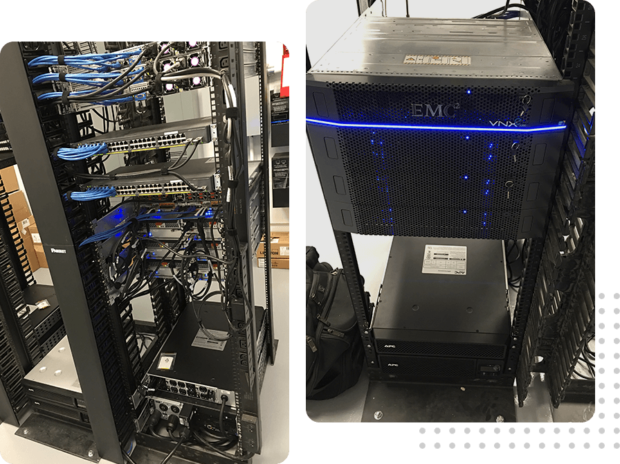 A side by side picture of server racks.